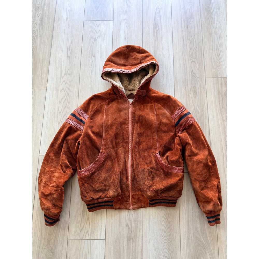 Vintage Berman's Hooded Cow Split Bomber Jacket Mens 44 Rust Fur Lined Striped
